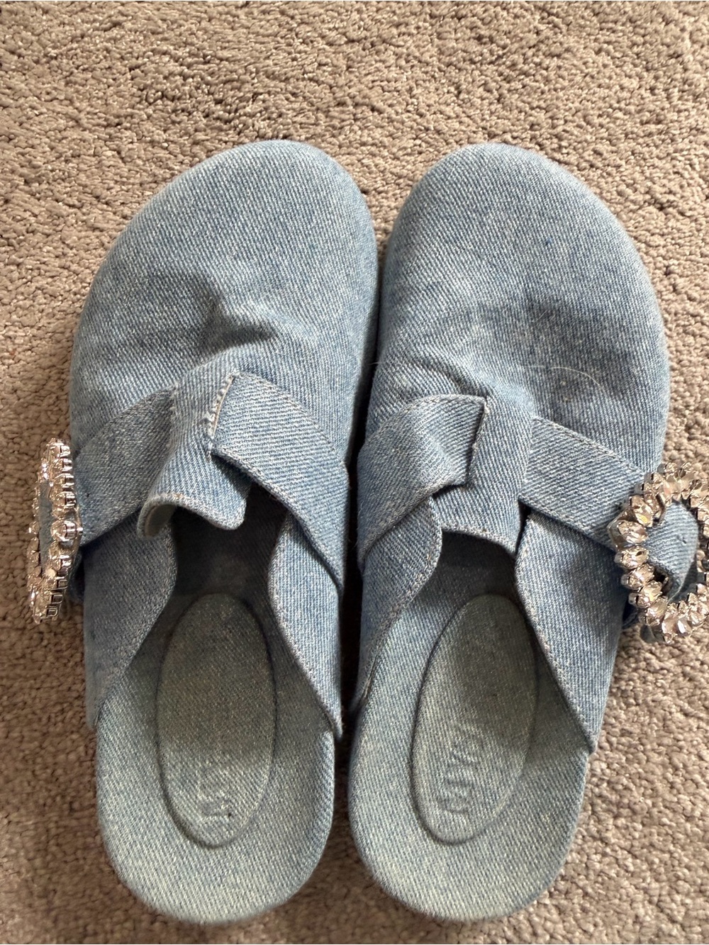 Mystique Boutique Light Blue Denim Slip-On Mules with Crystal Buckle